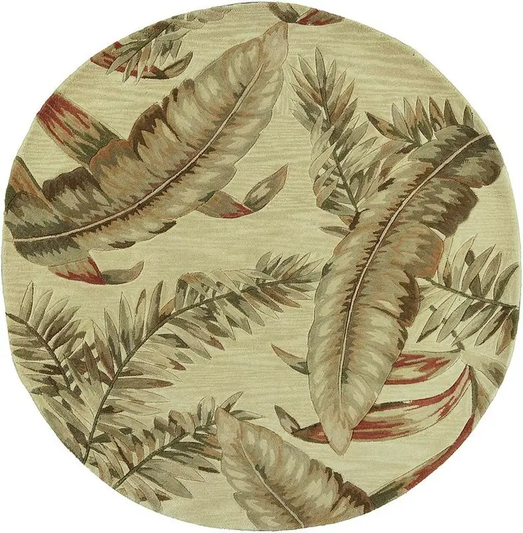 8' Ivory Green And Red Wool Tropical Botanical Hand Tufted Round Rug