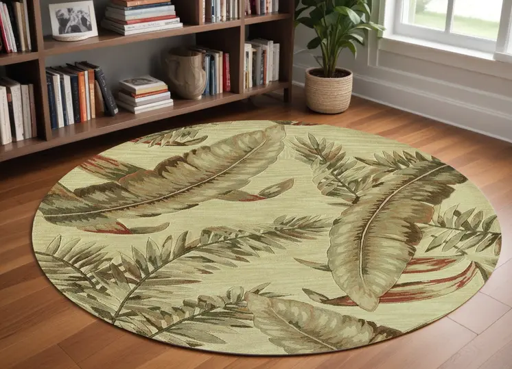 8' Ivory Green And Red Wool Tropical Botanical Hand Tufted Round Rug