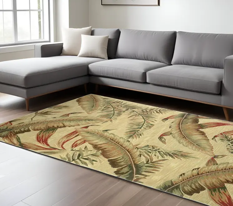 8' X 10' Brown Green And Red Wool Tropical Botanical Hand Tufted Area Rug