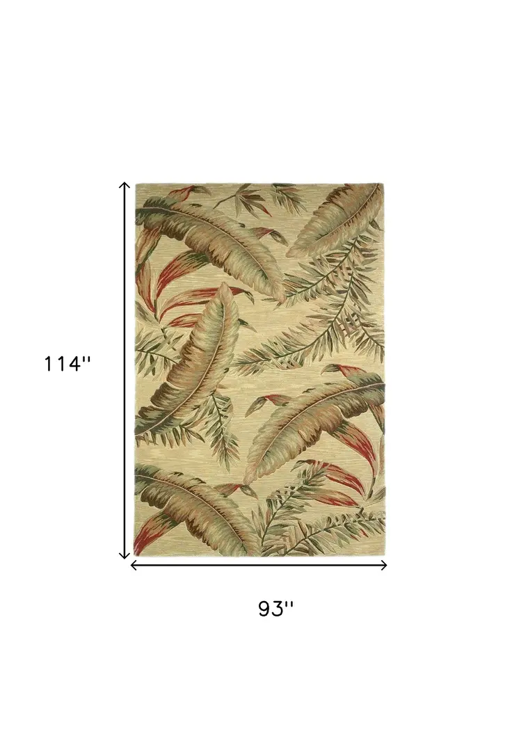8' X 10' Ivory Green And Red Wool Tropical Botanical Hand Tufted Area Rug