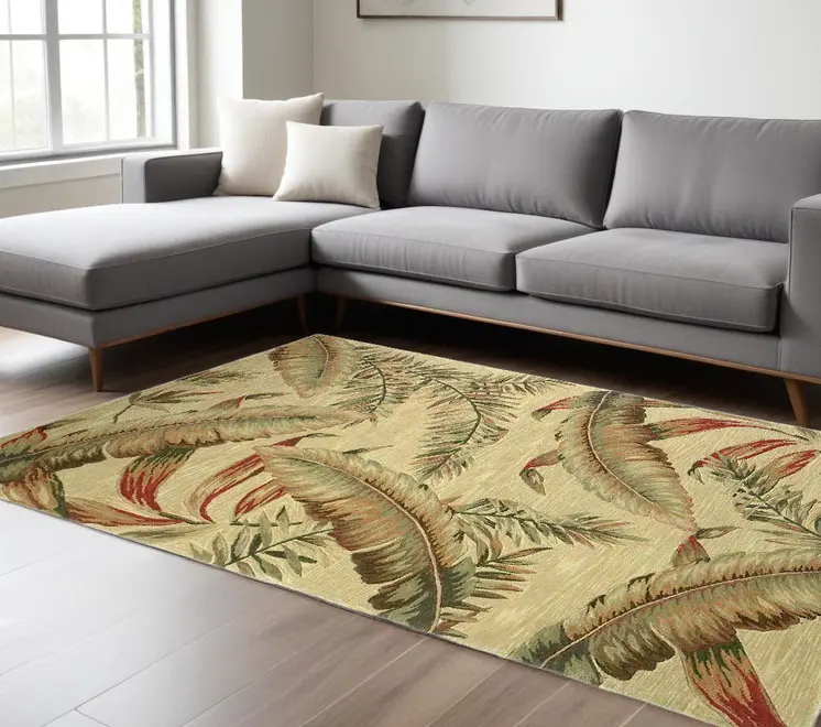 8' X 10' Ivory Green And Red Wool Tropical Botanical Hand Tufted Area Rug