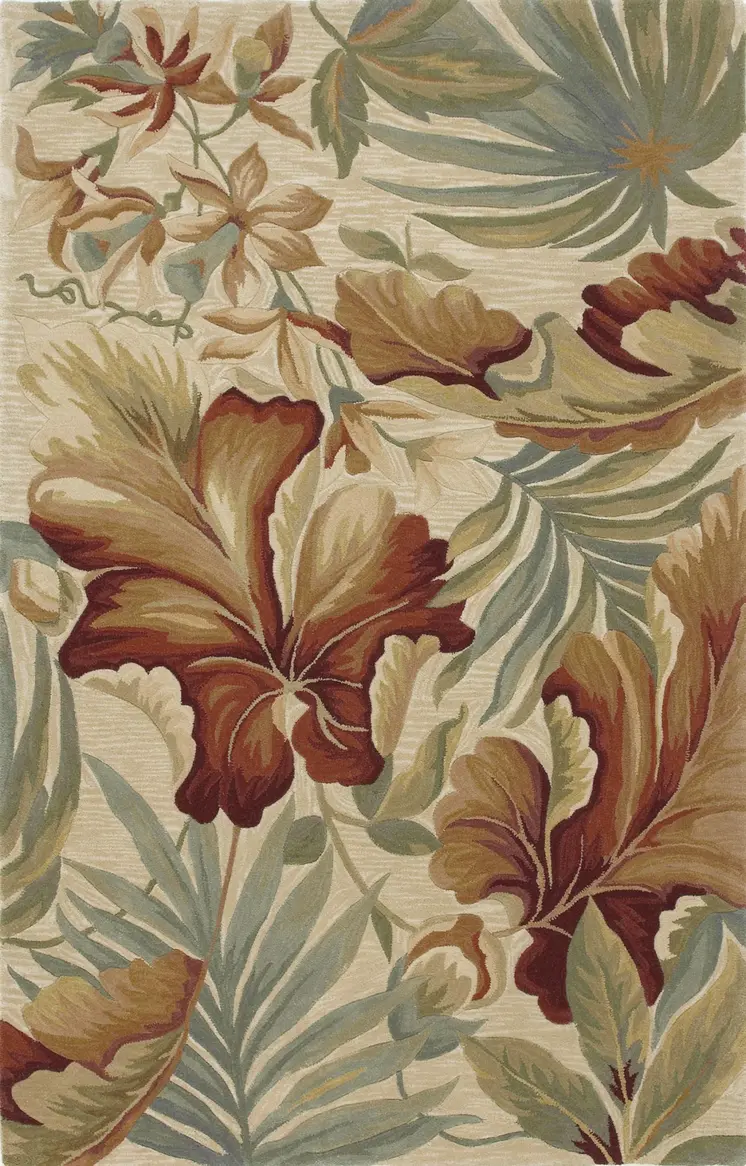 3' X 5' Ivory Green And Red Wool Botanical Leaves Hand Tufted Area Rug