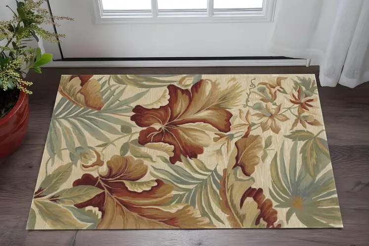 3' X 5' Ivory Green And Red Wool Botanical Leaves Hand Tufted Area Rug