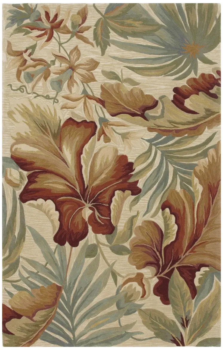 5' X 8' Ivory Green And Red Wool Tropical Botanical Hand Tufted Area Rug