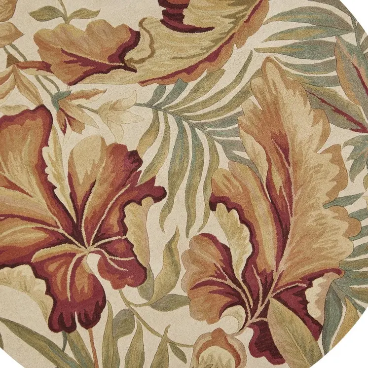 6' Ivory Green And Red Wool Tropical Botanical Hand Tufted Round Rug