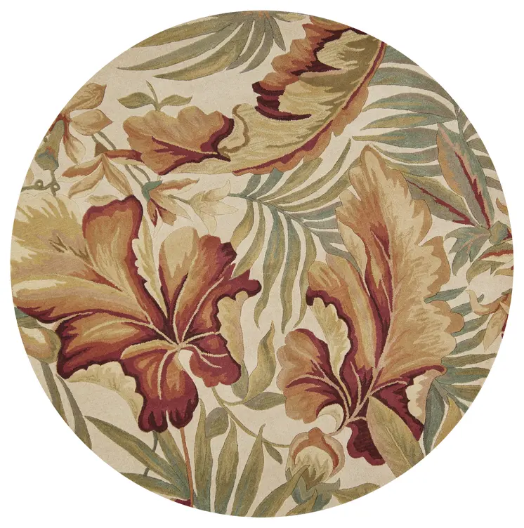 6' Ivory Green And Red Wool Tropical Botanical Hand Tufted Round Rug