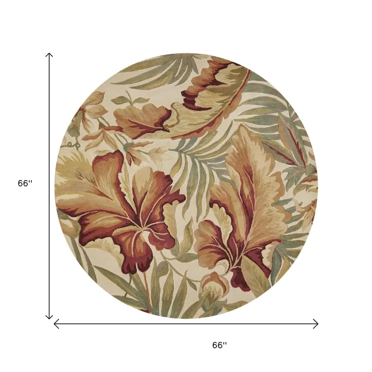 6' Ivory Green And Red Wool Tropical Botanical Hand Tufted Round Rug