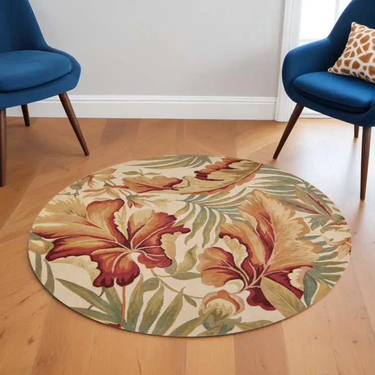 6' Ivory Green And Red Wool Tropical Botanical Hand Tufted Round Rug