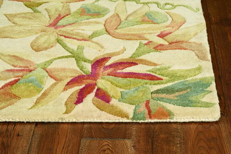 8' X 10' Ivory Red And Gray Wool Tropical Botanical Hand Tufted Area Rug