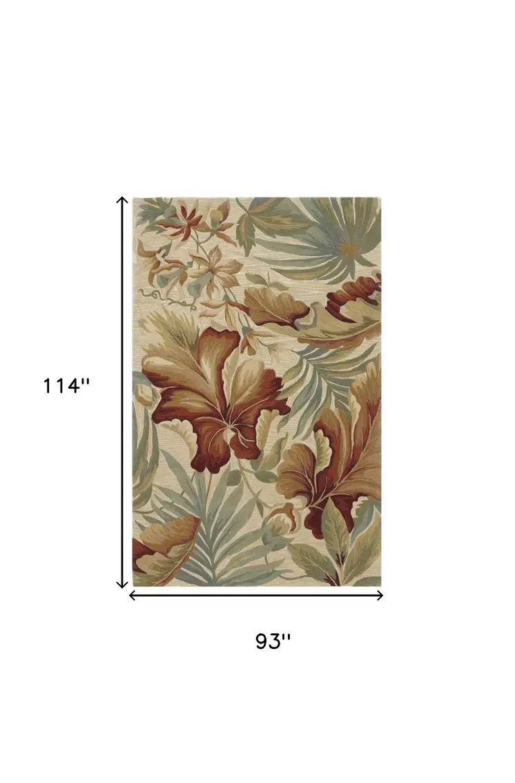 8' X 10' Ivory Red And Gray Wool Tropical Botanical Hand Tufted Area Rug
