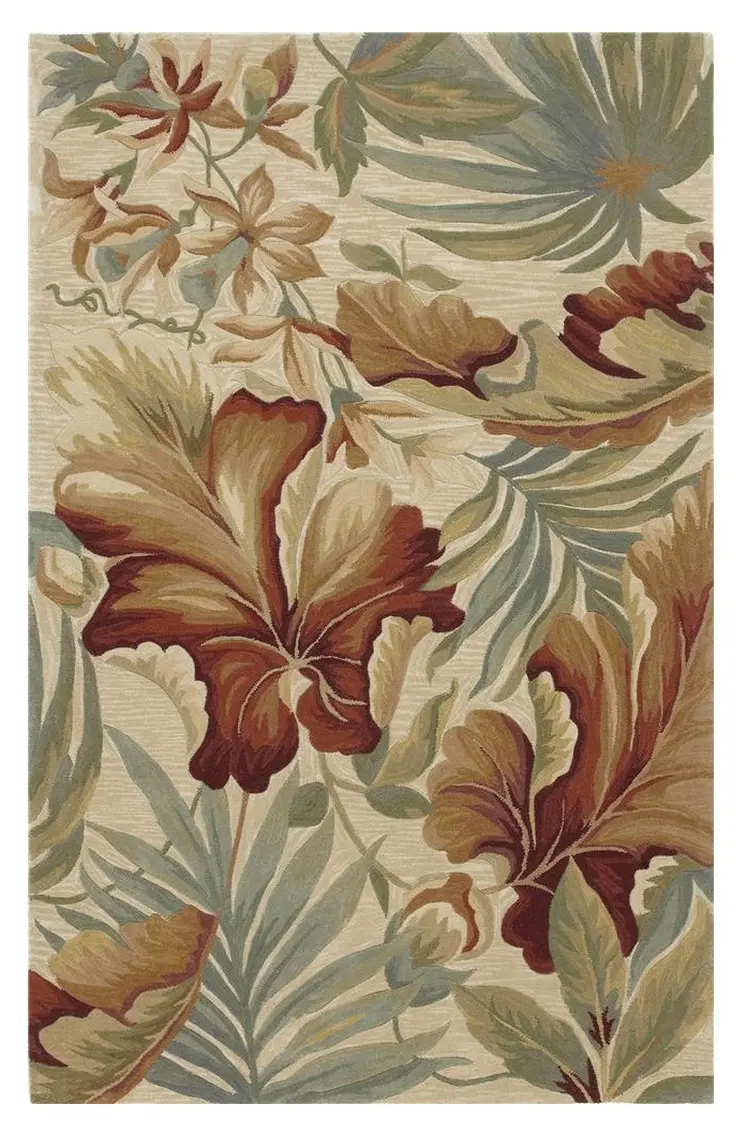8' X 10' Ivory Red And Gray Wool Tropical Botanical Hand Tufted Area Rug