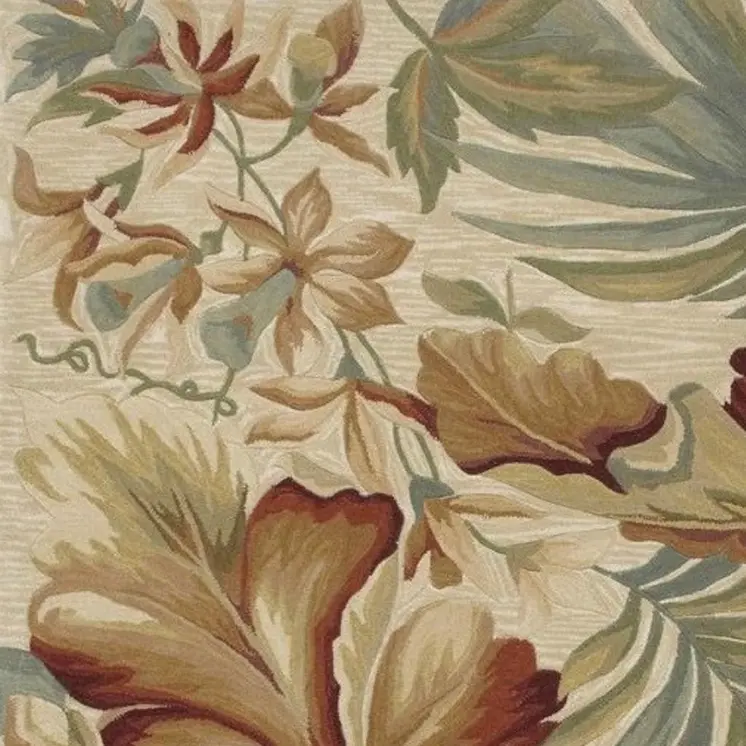 9' X 12' Ivory Green And Red Wool Tropical Botanical Hand Tufted Area Rug