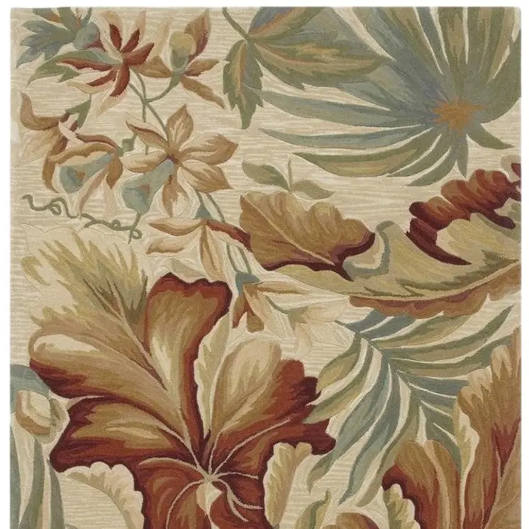 9' X 12' Ivory Green And Red Wool Tropical Botanical Hand Tufted Area Rug