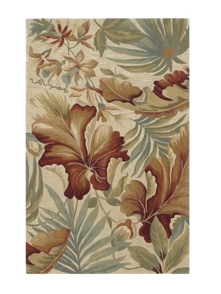 9' X 12' Ivory Green And Red Wool Tropical Botanical Hand Tufted Area Rug