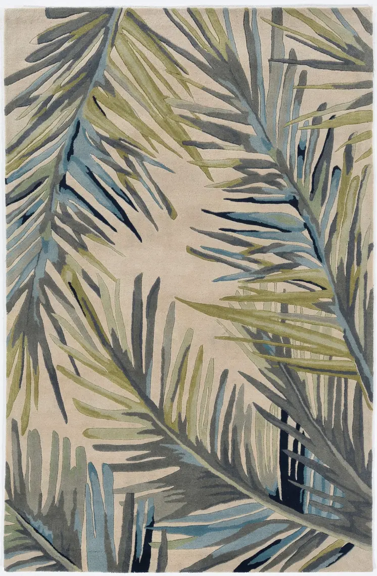 4' X 6' Ivory Blue And Green Wool Tropical Botanical Hand Tufted Area Rug