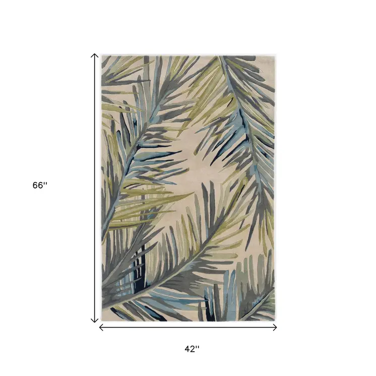 4' X 6' Ivory Blue And Green Wool Tropical Botanical Hand Tufted Area Rug