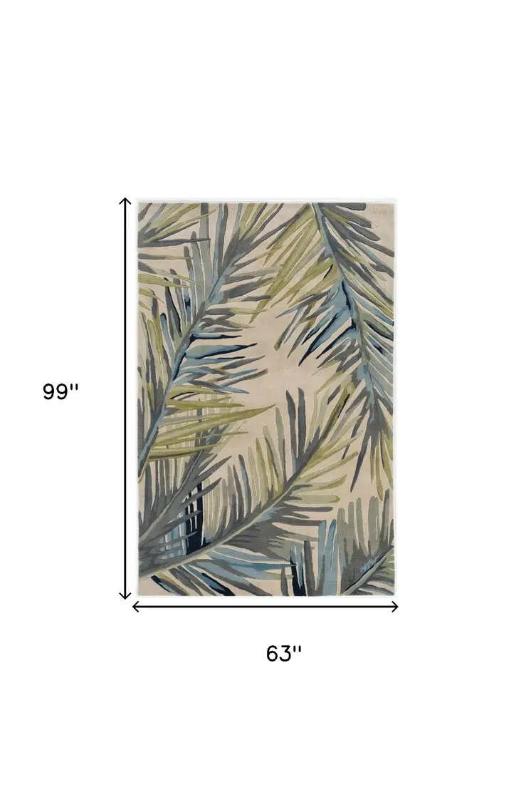 5' X 8' Ivory Gray Blue And Green Wool Tropical Botanical Hand Tufted Area Rug