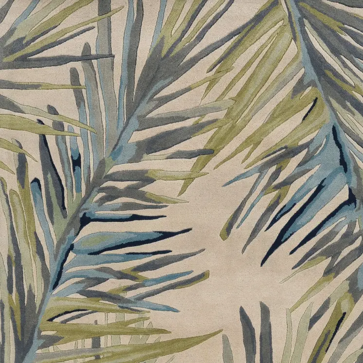 8' Ivory Blue And Green Wool Tropical Botanical Hand Tufted Round Rug