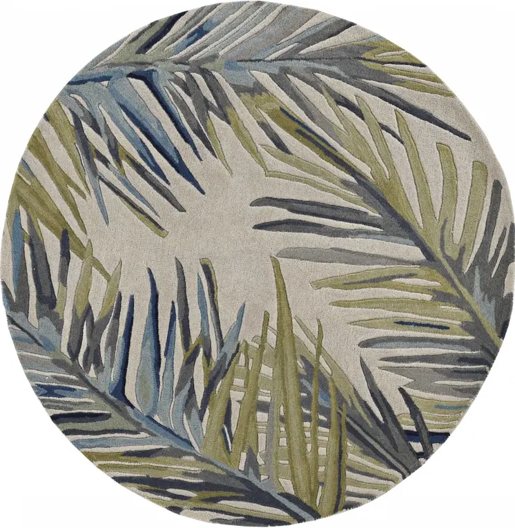 8' Ivory Blue And Green Wool Tropical Botanical Hand Tufted Round Rug