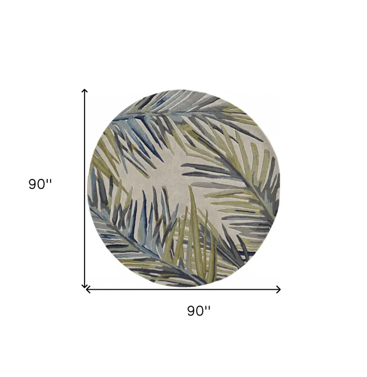 8' Ivory Blue And Green Wool Tropical Botanical Hand Tufted Round Rug