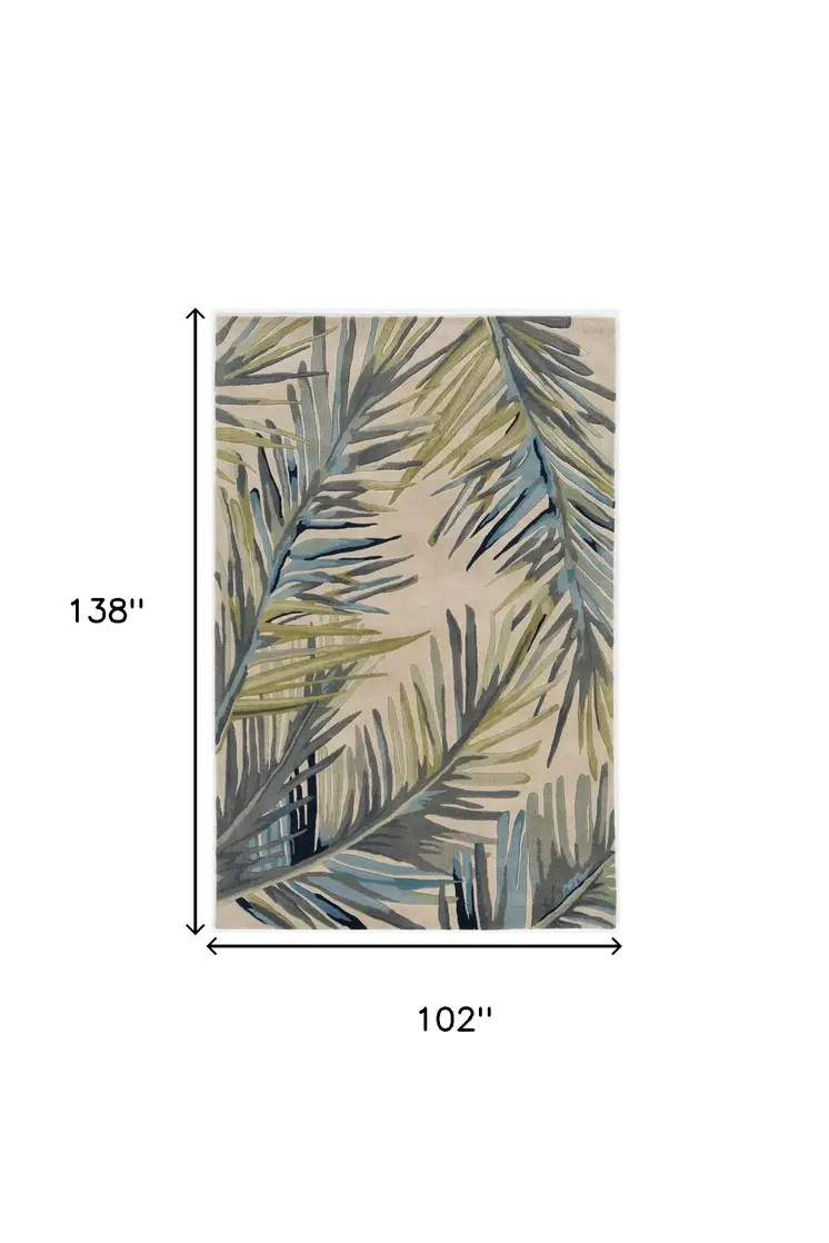 9' X 12' Ivory Blue And Green Wool Tropical Botanical Hand Tufted Area Rug