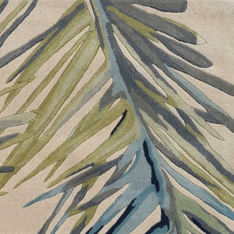 9' X 12' Ivory Blue And Green Wool Tropical Botanical Hand Tufted Area Rug