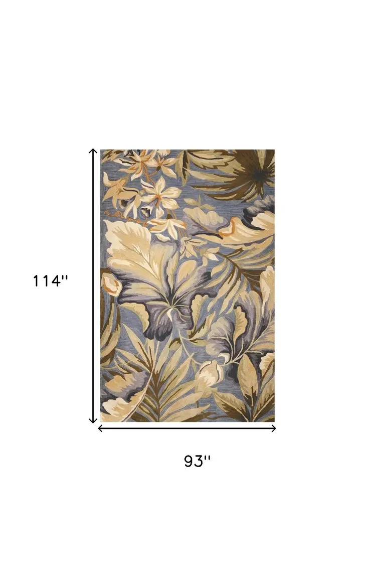 8' X 10' Blue And Green Wool Tropical Botanical Hand Tufted Area Rug