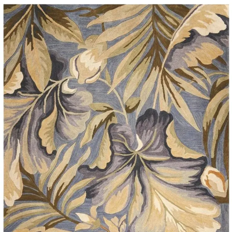 8' X 10' Blue Beige And Green Wool Tropical Botanical Hand Tufted Area Rug