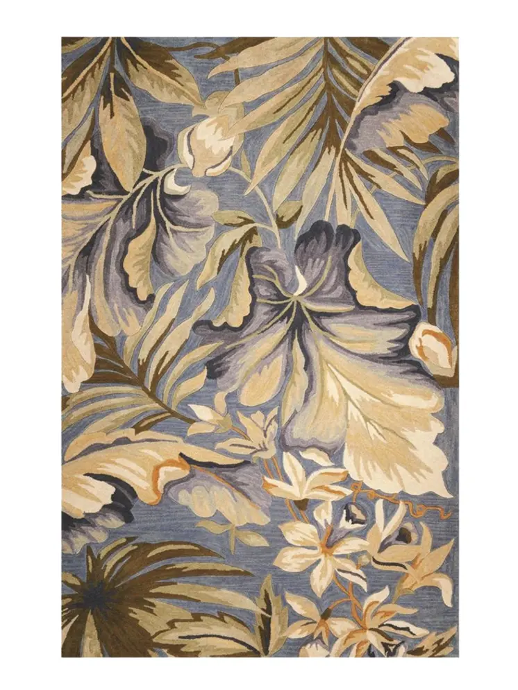 8' X 10' Blue Beige And Green Wool Tropical Botanical Hand Tufted Area Rug