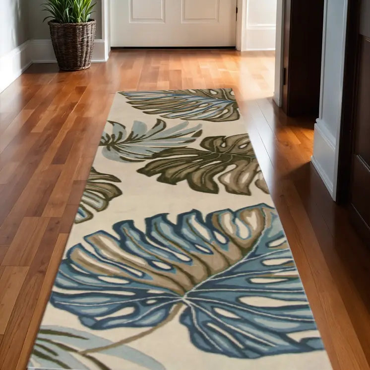 10' Ivory Hand Tufted Tropical Monstera Indoor Runner Rug