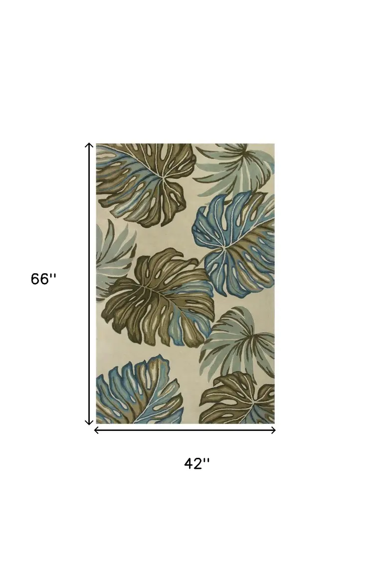 4' X 6' Ivory Blue And Green Wool Tropical Botanical Hand Tufted Area Rug
