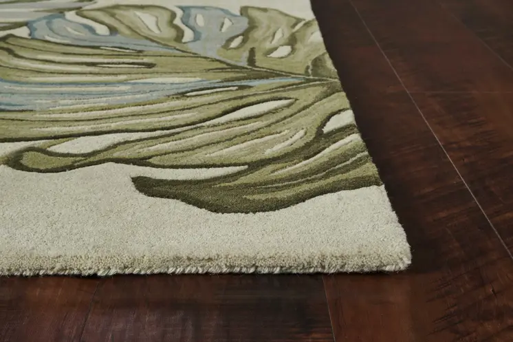 4' X 6' Ivory Blue And Green Wool Tropical Botanical Hand Tufted Area Rug