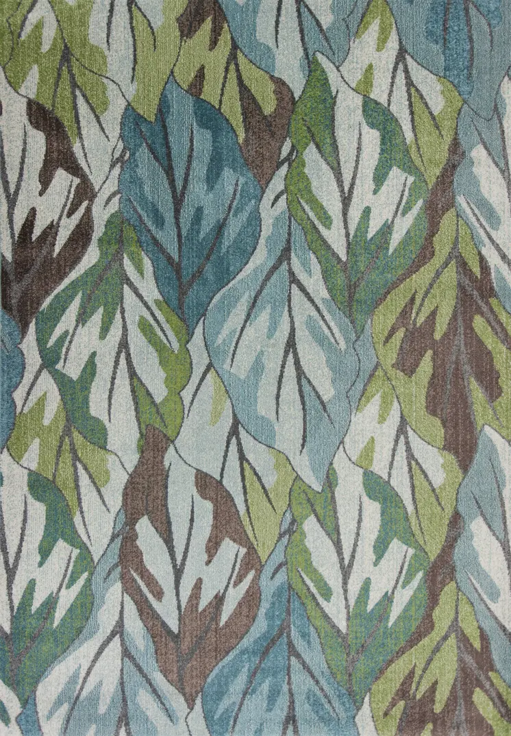 5' X 8' Blue Green And Brown Botanical Leaves Area Rug