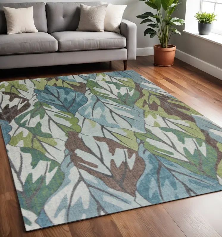 5' X 8' Blue Green And Brown Botanical Leaves Area Rug