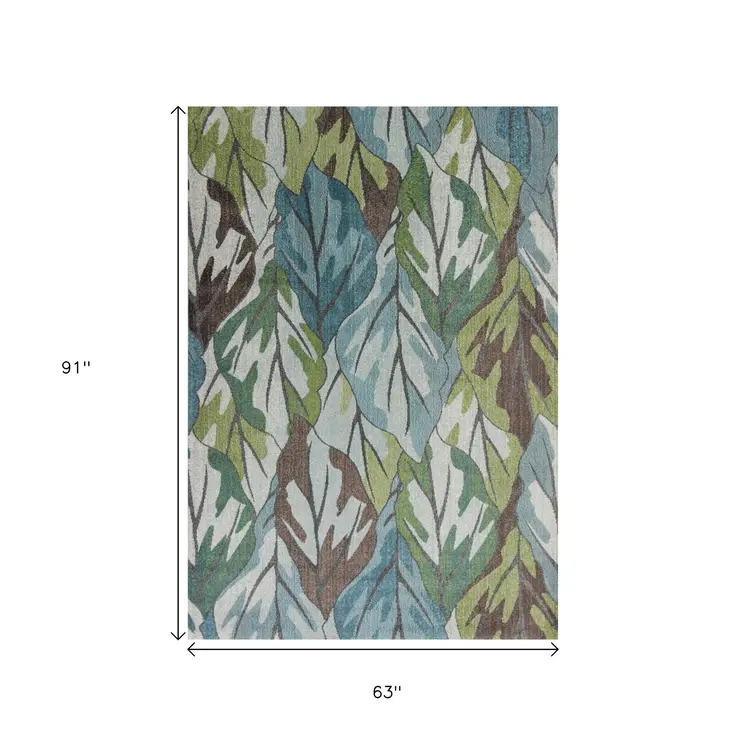 5' X 8' Blue Green And Brown Botanical Leaves Area Rug