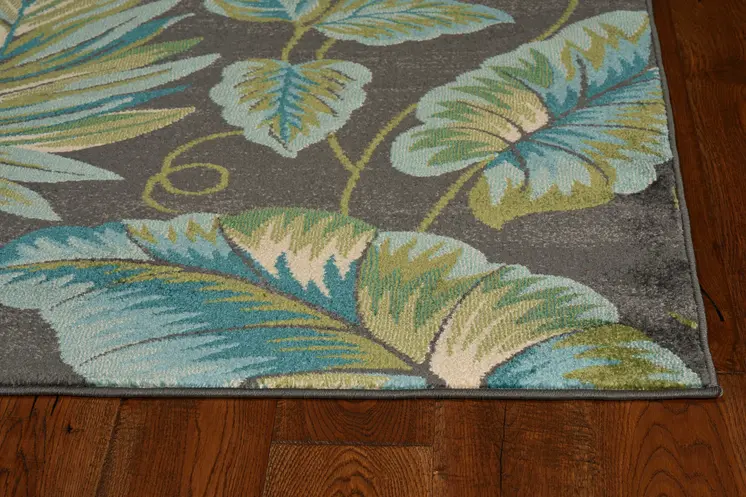 8' X 11' Grey Teal Machine Woven Oversized Tropical Leaves Indoor Area Rug