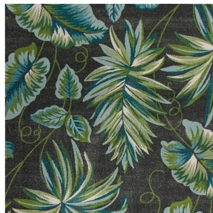 8' X 11' Grey Teal Machine Woven Oversized Tropical Leaves Indoor Area Rug