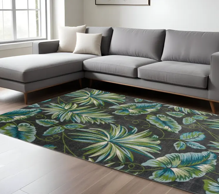 8' X 11' Gray Teal And Green Botanical Leaves Area Rug