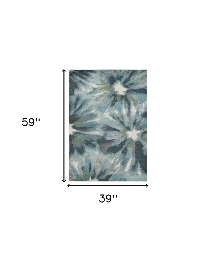 3' X 5' Teal Abstract Floral Area Rug