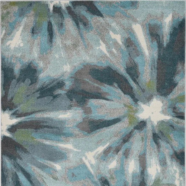 5' X 8' Teal Ivory And Gray Botanical Leaves Area Rug
