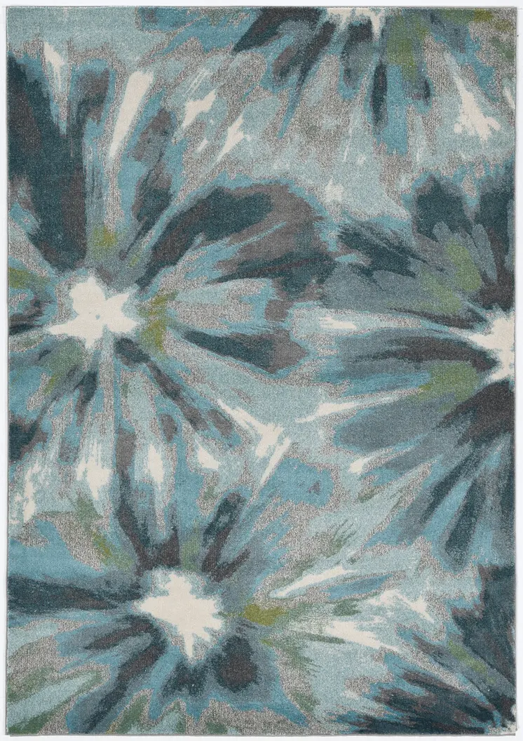 5' X 8' Teal Ivory And Gray Botanical Leaves Area Rug