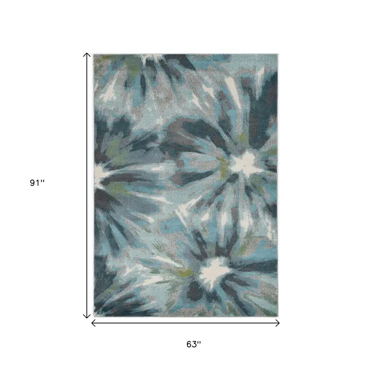 5' X 8' Teal Ivory And Gray Botanical Leaves Area Rug