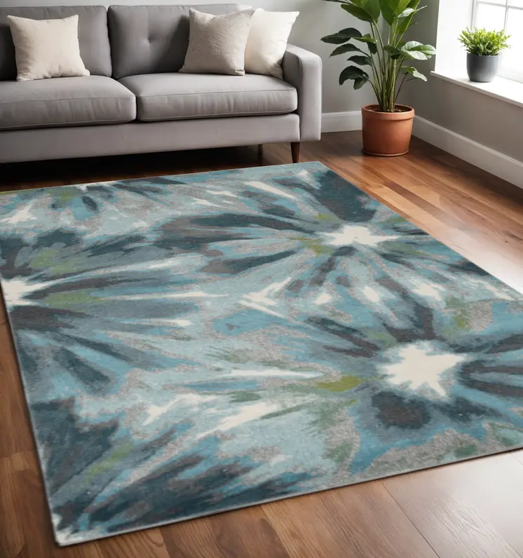 5' X 8' Teal Ivory And Gray Botanical Leaves Area Rug
