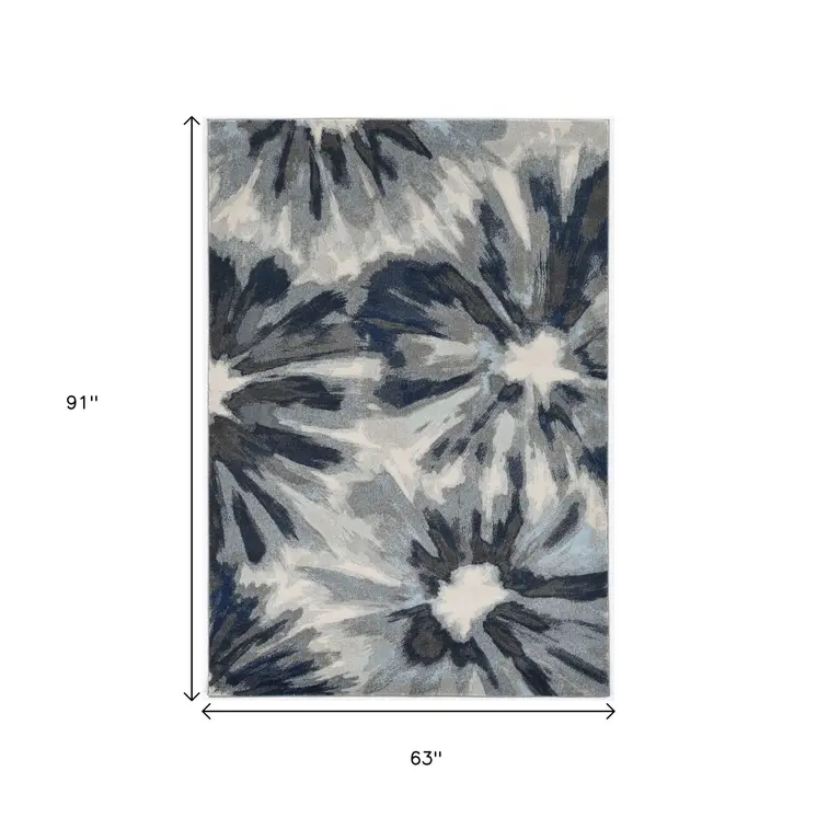 5' X 8' Ivory And Blue Botanical Leaves Area Rug