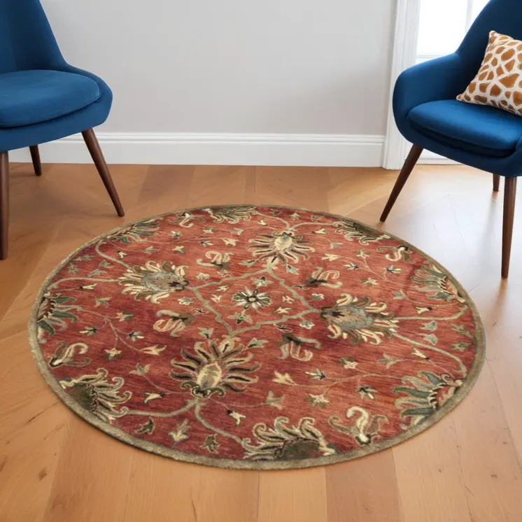 6' Orange Round Wool Hand Tufted Area Rug