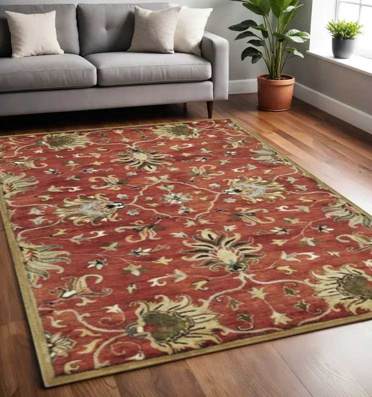 5' X 8' Rust Beige And Gray Wool Floral Hand Tufted Area Rug