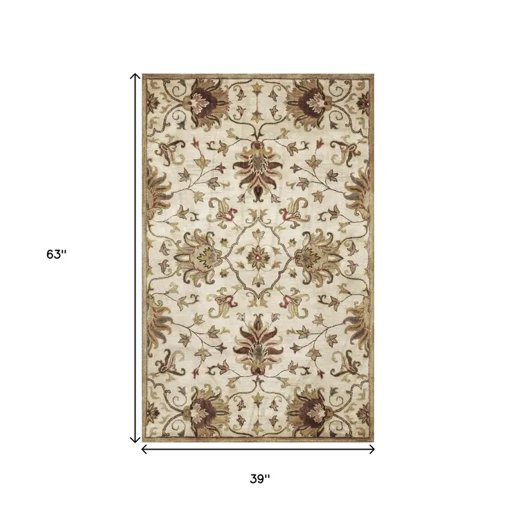 3' X 5' Champagne Red And Black New Zealand Lambs Wool Floral Hand Tufted Area Rug
