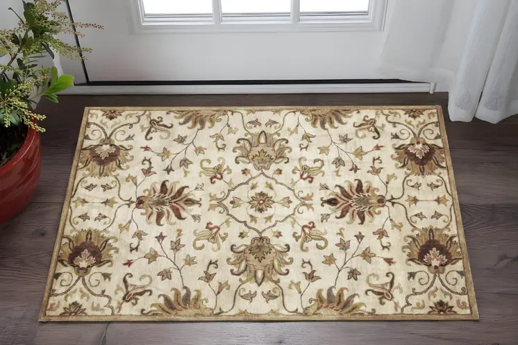 3' X 5' Champagne Red And Black New Zealand Lambs Wool Floral Hand Tufted Area Rug