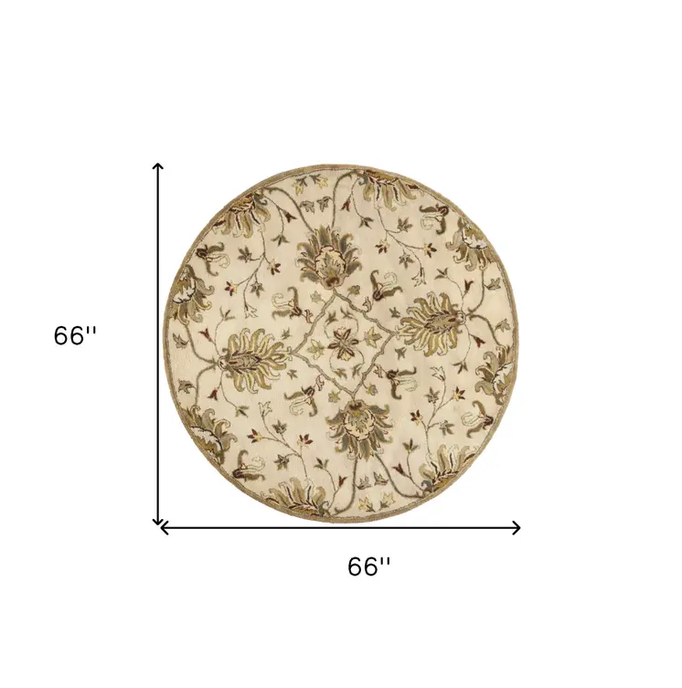5' Round Champagne Floral Vine Wool Indoor Area Rug