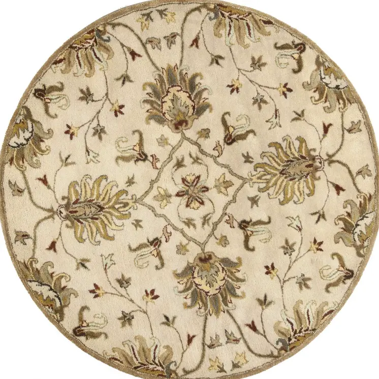 5' Round Champagne Floral Vine Wool Indoor Area Rug